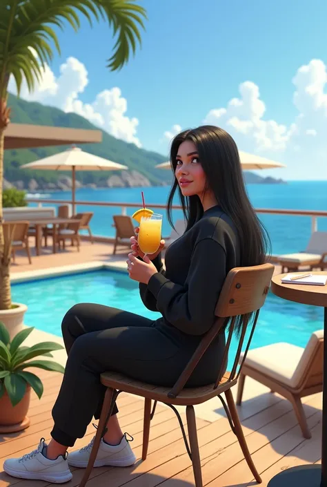 Girl in her 20’s, long black straight hair, wearing black sweatsuit with white sneakers, having piña colada at restaurant by pool at large cruise ship . Pixar cartoon 