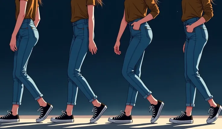 Pixar Disney drawing of four panels showing the sequence of movement of the legs walking, showing only the steps of a white woman, wearing black all star, jeans, walking at night