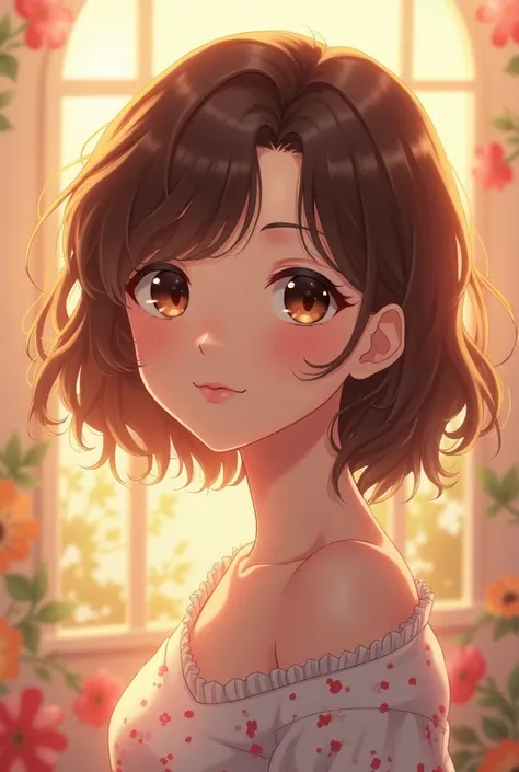 Create a young adult woman, brown curly hair and brown eyes, nice and anime