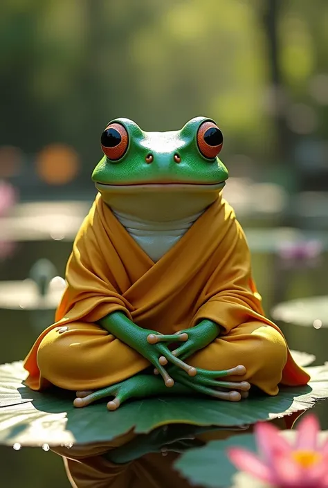 A realistic nature photo of a green shiny frog with realistic patterns, in a golden yellow Buddhist monk robe, sitting cross-legged, right hand over left hand, sitting on a still lotus leaf, with lotus flowers blooming, clear water, soft sunlight, impressi...