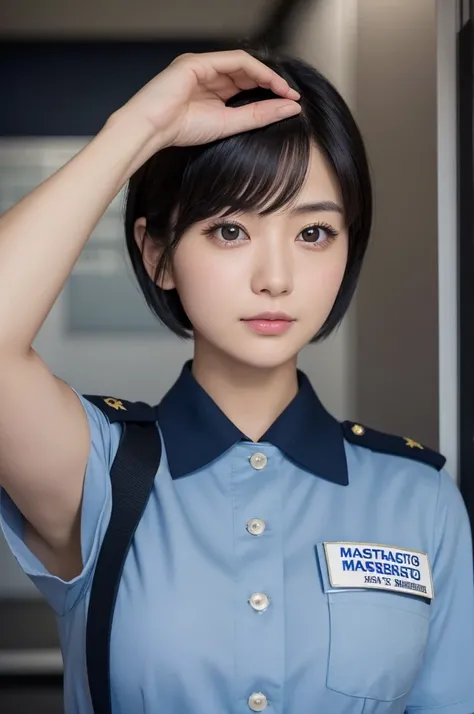 ((masterpiece)), ((Best Quality)), (Very detailed)3, Genuineistic, Genuine, whole body, whole body focus, Research Room, Beautiful Japanese Women, One person, police officer, Navy blue uniform, Beautiful black short hair, Beautiful dark eyes, View from the...