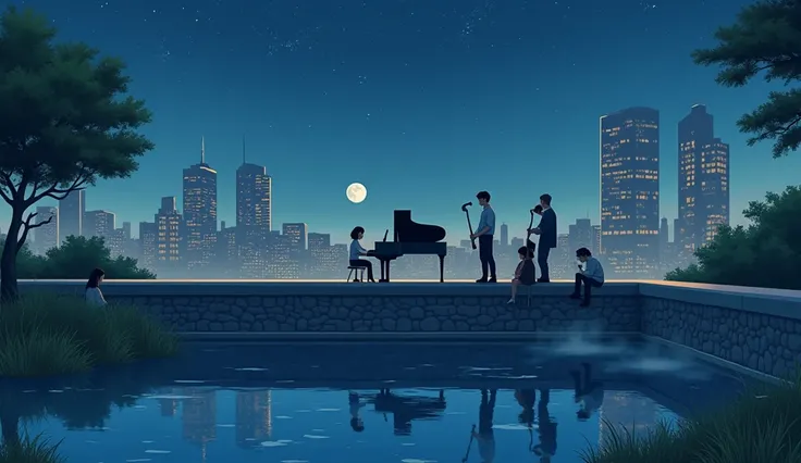 It has a stone border large enough to sit on.、Just some guys playing jazz on the edge of an empty roof（piano、guitar, etc,), New York night buildings、In comic style front view、Ghibli-style animation,A girl listens to calming music with headphones, sitting b...