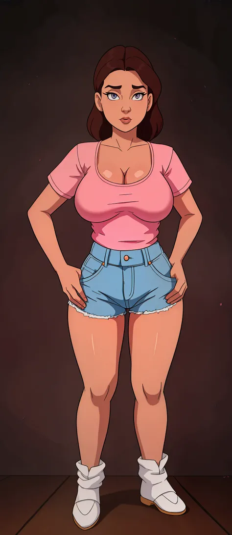 A young brunette woman, big breasts, big thighs, big ass, wearing a pink shirt, neckline, wearing short denim shorts