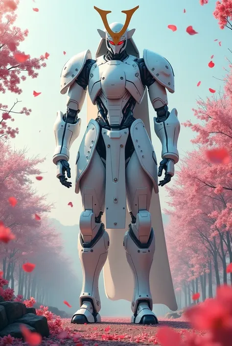 A big robot, samurai hat, sakura petals, white colors, red, e azuis