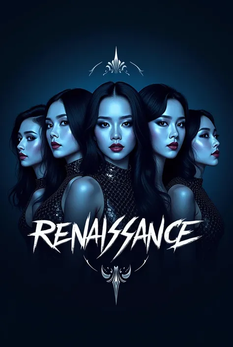 A logo for a kpop girl group called Renaissance, having dark colors in shades of blue, white and silver, with the name written in a punk way