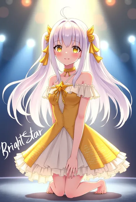 idol girl. with glowing yellow eyes, long white hair, with one part of the hair loose and the other part with two star-shaped boxes. A yellow and white dress. The idol has to be anime style and very beautiful. But I don&#39;t want it to be vulgar or too sm...