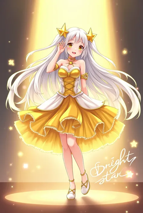 idol girl. with glowing yellow eyes, long white hair, with one part of the hair loose and the other part with two star-shaped boxes. A yellow and white dress. The idol has to be anime style and very beautiful. But I don&#39;t want it to be vulgar or too sm...