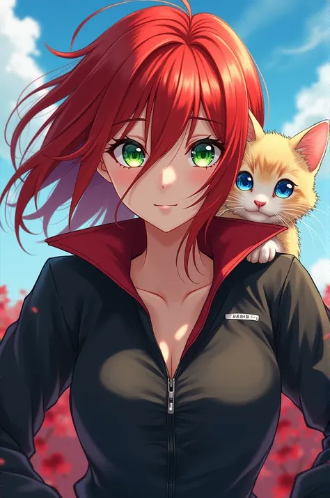 Redhead anime character with medium hair , eyes one of each color , strong with a cat on his shoulder