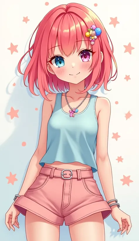 One Girl, Pink orange hair, chest, Her right eye is sapphire blue、Left eye pinkish yellow.,Tank Tops And Mini SkirtsKawaii FashionCharacter DesignCute FashionFashion IllustrationsCute FashionDresses For,smile, Blushing