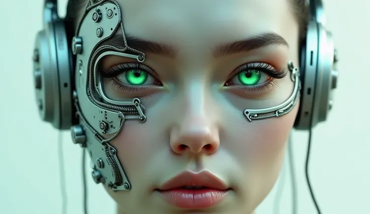 Cybernetic female face without physical body. With cybernetic components on the face. Green eyes. [Female face] [Cybernetic]