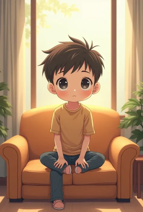 A boy sitting on sofa anime style little teenager 

