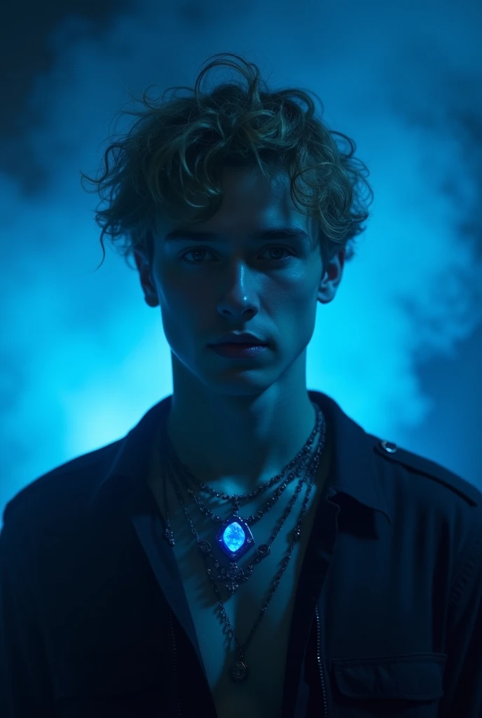 A young man ( of about 18 years ) curly hair ( Messed up ) blonde, with dark clothes, I have some necklaces around my neck and one of those necklaces has a bright blue stone. He has a slightly evil look and behind him there is a blue light.  realistic  