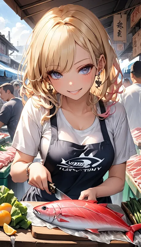 Create a highly detailed, photorealistic image of a young Japanese gyaru girl skillfully slicing a large tuna. She appears to be in her late teens, dressed in fashionable streetwear with bold colors and trendy accessories. Her long, decorated nails and sty...