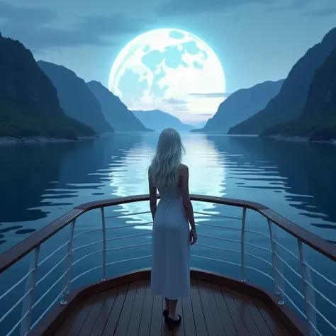 A woman with platinum blonde hair and blue eyes stands on the deck of the AIDA Prima and experiences the midnight sun. The sky remains bright even in the late evening hours, and she enjoys the view of the gently illuminated fjords, while time seems to stan...