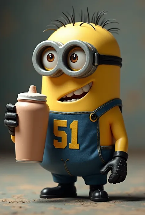 Muscular Minion shaking protein in football gear looking a little leaner