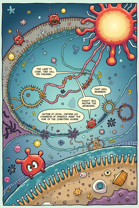 Creat a comic about meiosis with this scenario: 
Scene: A view of the cell membrane, with receptors and channels visible]

Cell: "And speaking of communication, our cell membrane is always busy sending and receiving signals from the outside world. Its like...