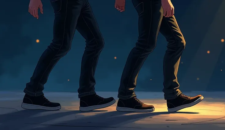 Pixar Disney drawing of four panels showing the movement sequence of legs and feet walking, showing only the steps of a man, wearing black shoes, pants, walking at night