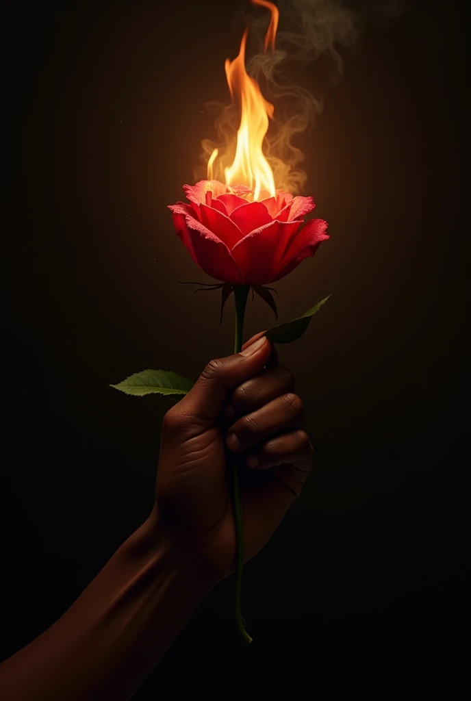 Rose catching fire in a black man&#39;s hand in the dark