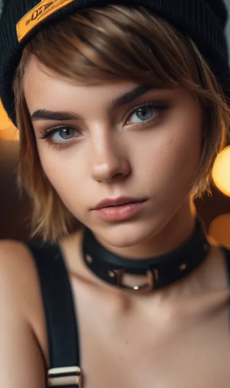 Thorough,analog style,eye focus,highest quality,(highly detailed skin),photo of an exquisitely beautiful light brown skin punk Dutch girl, short brunette hair 21yo,(wearing harness, and beanie),perfect face,alluring eyes,[seductive makeup],skin pores,(pier...