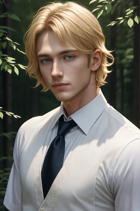 Masterpiece, Young Handsome Boy has short blonde hair, and sky blue eyes, 1boy, AS-Adult, short hair, blonde hair, wavy hair. Symmetrical face. He wears white shirt with black vest. (Best Illustration), (beautiful-detailed eyes), (Best Quality Face, Finger...