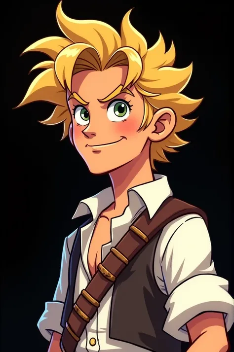 Create an image of Guybrush Threepwood from Monkey Island, showing only from the shoulders up. He must have his characteristic hairstyle and a confident and fun expression.. The background should be completely black to highlight an atmosphere of adventure ...