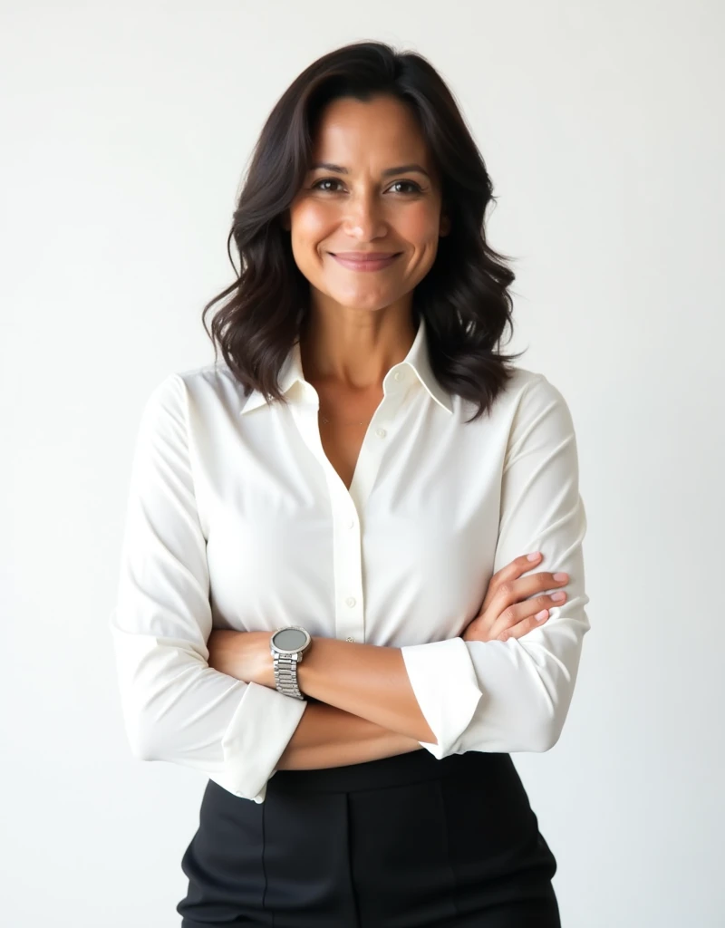 Image is a professional portrait of a woman standing against a plain white background. She has a medium skin tone, shoulder-length dark hair styled in soft waves, and is smiling confidently. She is dressed in a crisp white blouse, with the sleeves rolled u...