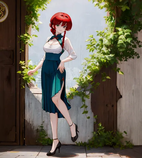 Create Female Ranma(2),Color full-body photo,(Female Ranma Avatar)，Lovely smile，face the camera，pretty face:1.3，childish face，Red short hair ponytail，bumpy bangs，Big eyes，Plump upper circumference，2 people standing in pairs，squint：
(1)Wearing a Chinese lon...