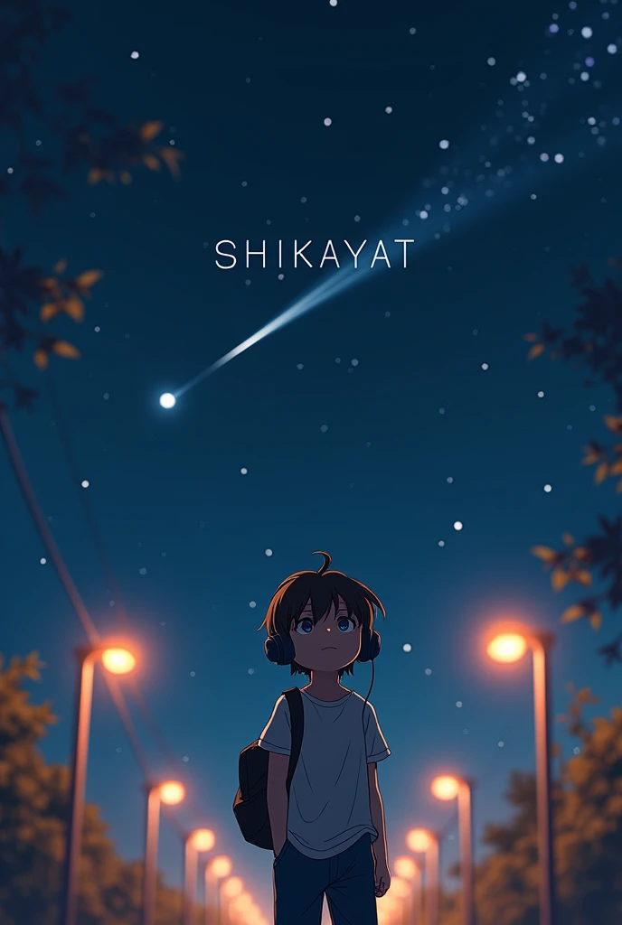 Make a image in which a. Anime boy walking in night and light of street light and wearing headphones. In image will be written 
Shikayat in capital letters .And also add some shooting stars.  And looking at sky with close eyes.