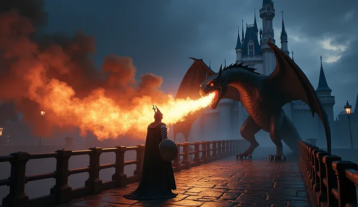 at night, realistic Maleficent transformed into a dragon, breathing fire on the shield of the prince in armor, on the bridge of Disneys Sleeping Beauty castle