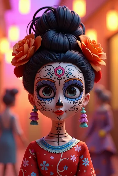 Disney Pixar 3d Catrina doll, with name ANDREA in letters below, with a day of the dead background and bright colors