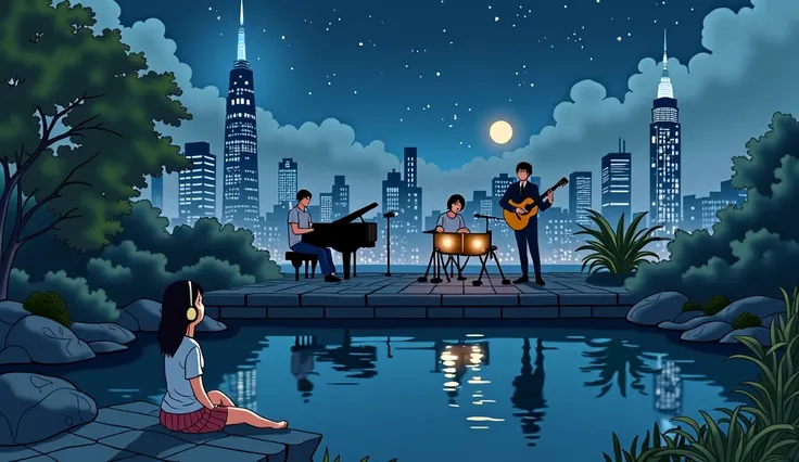 It has a stone border large enough to sit on.、Just some guys playing jazz on the edge of an empty roof（piano、guitar, etc,), New York night buildings、In comic style front view、Ghibli-style animation,A girl listens to calming music with headphones, sitting b...