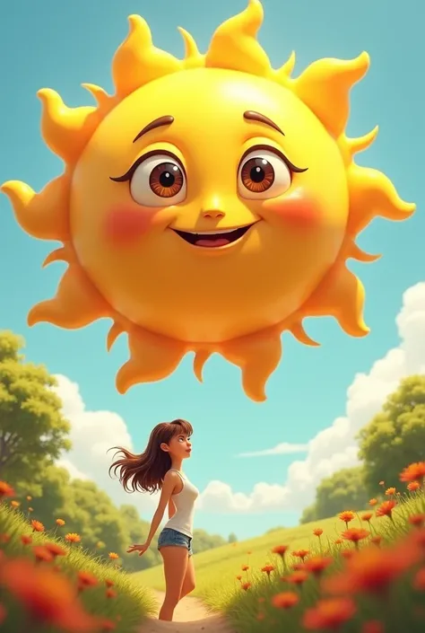 Cartoon hot sun with eyes looking at realistic hot girl in summer