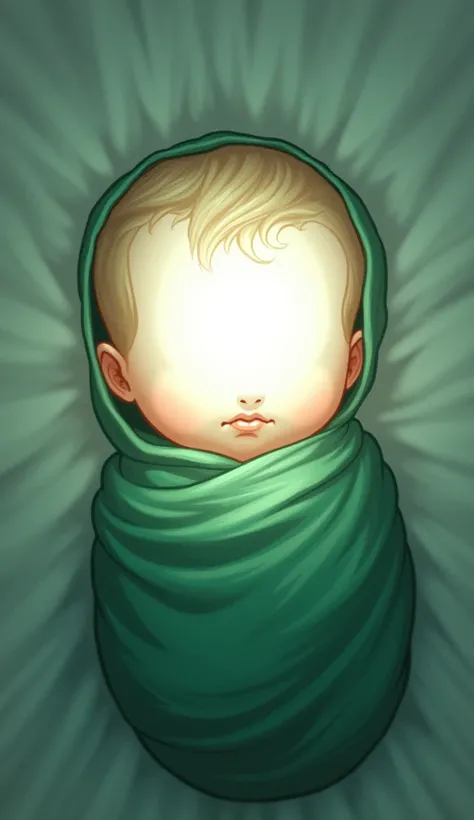 Digital illustration, baby figure on the landing wrapped in a green blanket, face covered in thick white light until his face was invisible, position the light right in front of the baby&#39;s face,