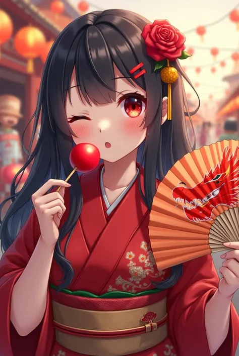 In a Japanese festival、In her left hand she is holding a candy apple and licking it with her tongue out, and in her right hand she is holding a fan with a red dragon design、Rose hairpin on head、girl、1、Baby Face、Naughty、One eye closed、Long black hair with s...