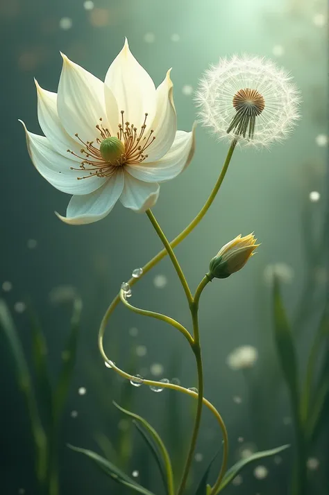 Ethereal look of spider lily flower in the left side and dandelions on the right side in a one rope of vine