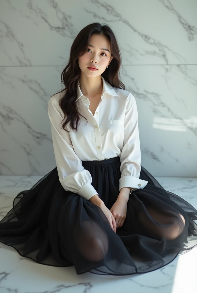 Hot asian girl in white shirt and black ballon skirt sitting on white marble ground 