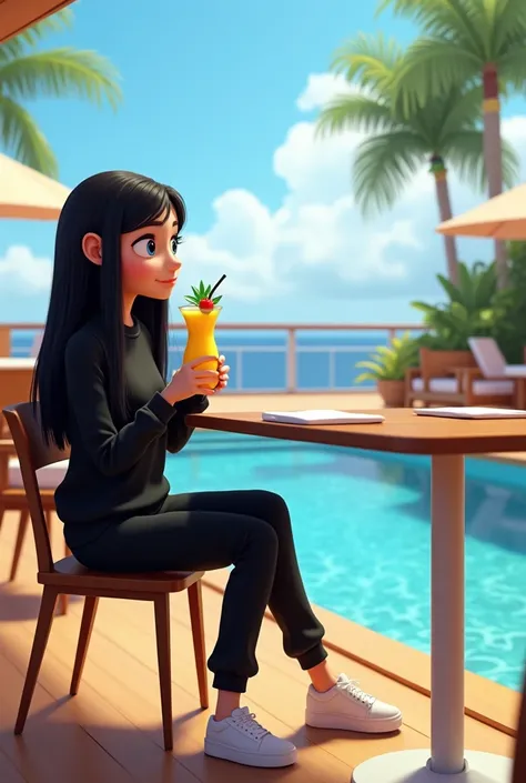 Girl in her 20’s, long black straight hair, wearing black sweatsuit with white sneakers, having piña colada at restaurant by pool at large cruise ship . Pixar cartoon 