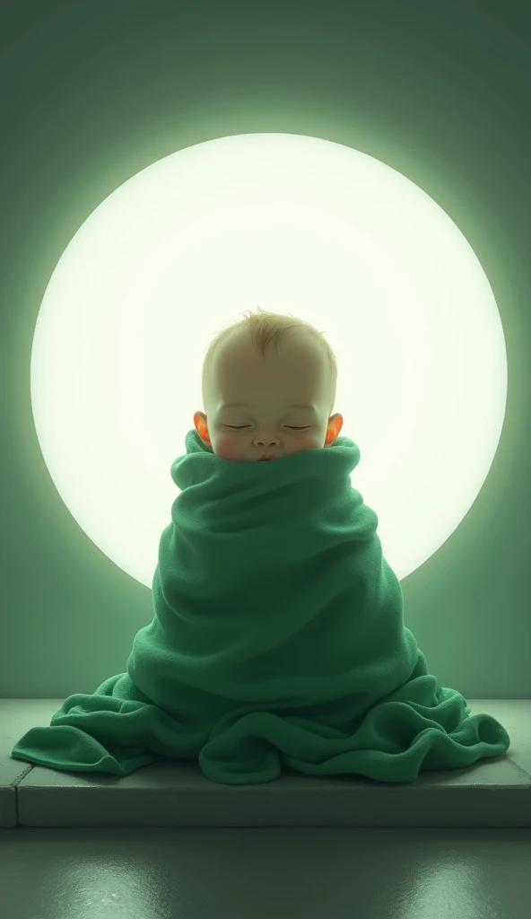 Digital illustration, baby figure on the landing wrapped in a green blanket, face covered in thick white light until his face was invisible, position the light right in front of the baby&#39;s face, the size of the light circle exceeds the size of the baby...