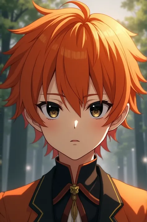 A boy with a mature face and neat hair like Ran Haitani&#39;s, orange in color, eyes like baizhu from genshin impact: caidos, In the black color