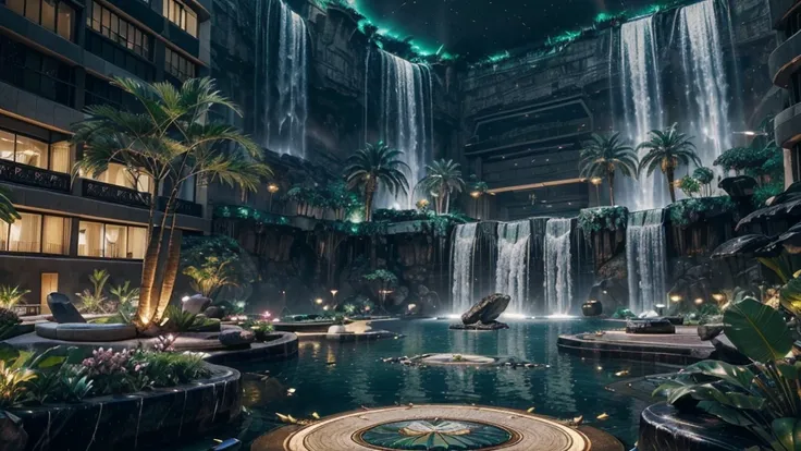 Stunning luxurious future city，style，There are many ((Lush plants)) (lotus Flowers), ((palm Trees)), (((African Flowers and plants)))), Rock Wall, ((sand)), ((waterfalls)) (marble), ((Dance music)),((Precious minerals)), ((Metal)), (gem), (gem), crystallic...