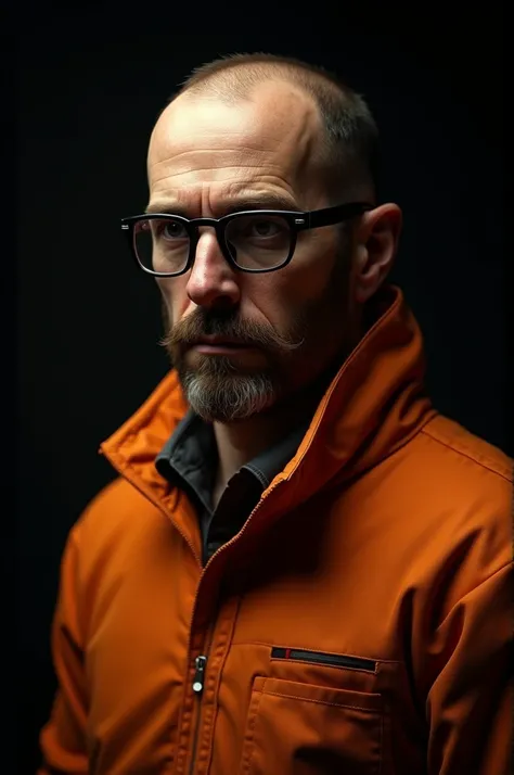 Create an image of Gordon Freeman from Half-Life, showing only from the shoulders up. You must wear your glasses and a serious and thoughtful expression., with details that reflect his role as a scientist. The background should be completely black to highl...