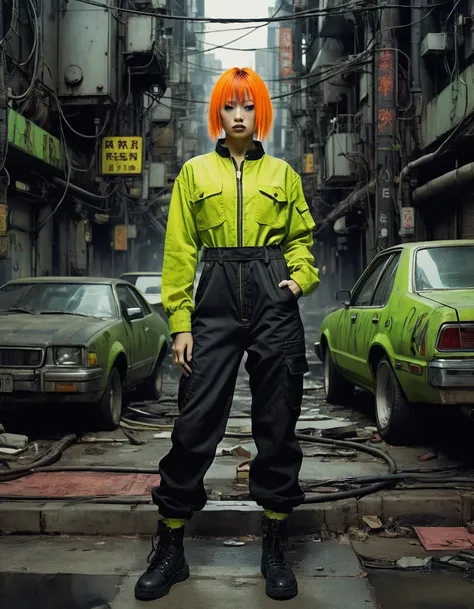 A fusion of cyberpunk aesthetics, inspired by the visionary worlds of Katsuhiro Otomo and James Jean. 

In a dystopian Gothic street, a woman embodies the fusion of technology and rebellion, her style a testament to the avant-garde spirit of the punk movem...