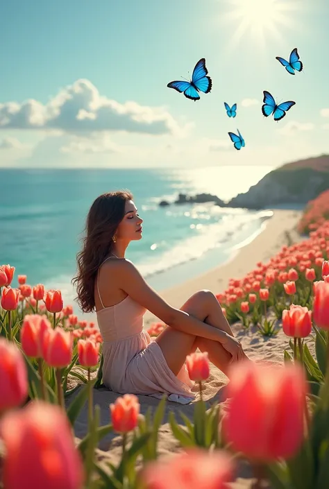 Beautiful women sitting on beach ,large view of tulip garden around her ,text written on upper side "Bultis world" ,sea in front of her, large sea view and beautiful 30 blue butterfly flying around tulip garden 