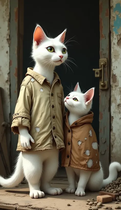 creat an image of white handsome cat wearing old shirt with log holes or pain with holes standing with his mother white cat wearing old clothes in old house