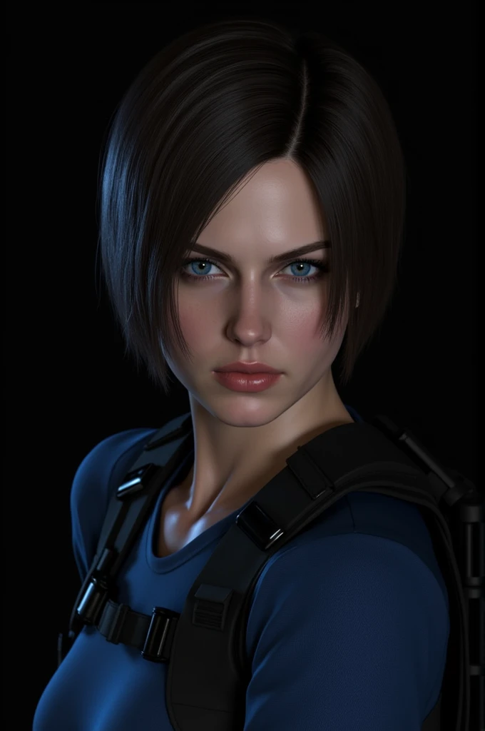 Create an image of Jill Valentine from Resident Evil, showing only from the shoulders up. You must have a determined and courageous expression, in his classic survivor attire. The background should be completely black to highlight an atmosphere of tension ...