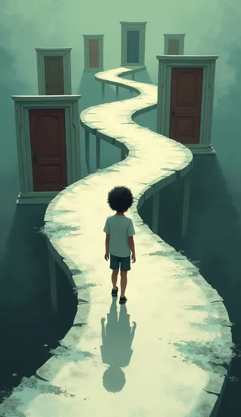 The importance of each moment**: A young person is standing on a pathway with multiple doors ahead. Each door represents a different future, and every step the person takes leads them closer to one of these doors. This shows that every moment builds the fo...