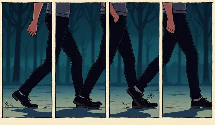 Pixar Disney drawing of four separate comic strips showing scenes from the sequence of leg and foot movement when walking, facing forward, showing only the steps of a man, wearing black shoes, pants, walking at night