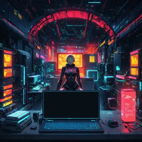 there is a laptop computer sitting on a desk in a room, cyberpunk hacker, cyborg in the data center, in cyberpunk style, cyberpunk basement, cyberpunk))), cyberpunk art style, cyberpunk illustration, cyberpunk setting, cyberpunk themed art, hacking into th...