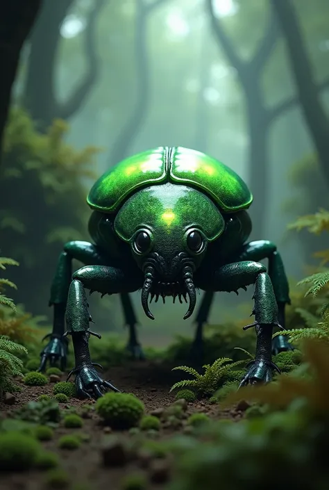 Green monster beetle, luminous, with black eyes, with wings, In the forest