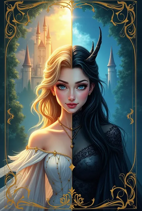 Create a invitation card on the theme a tale of two realms Disney edition in which there is good princess character ok one side and on other side evil princess character 

